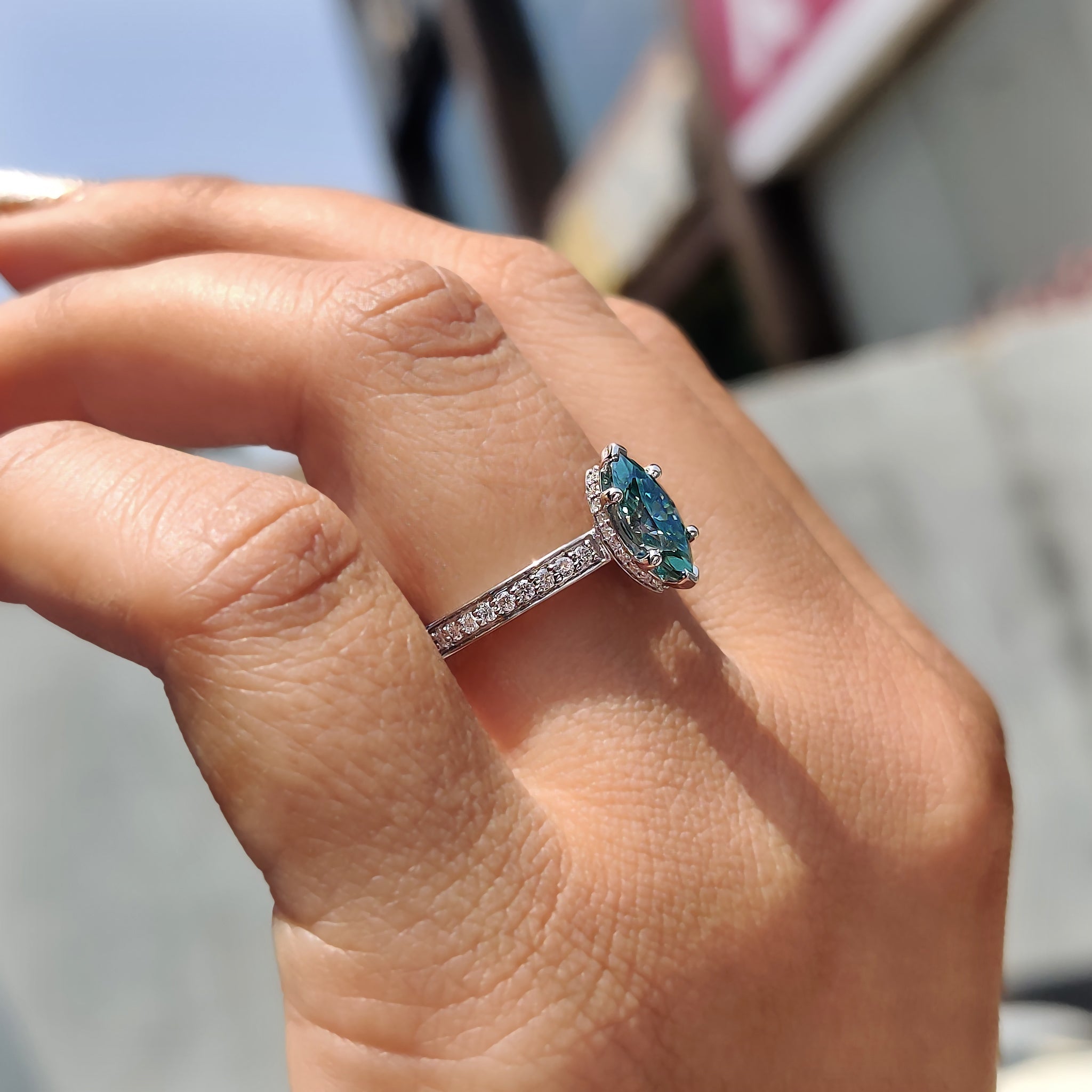 Cyan Blue Marquise Moissanite Ring With Pave Band