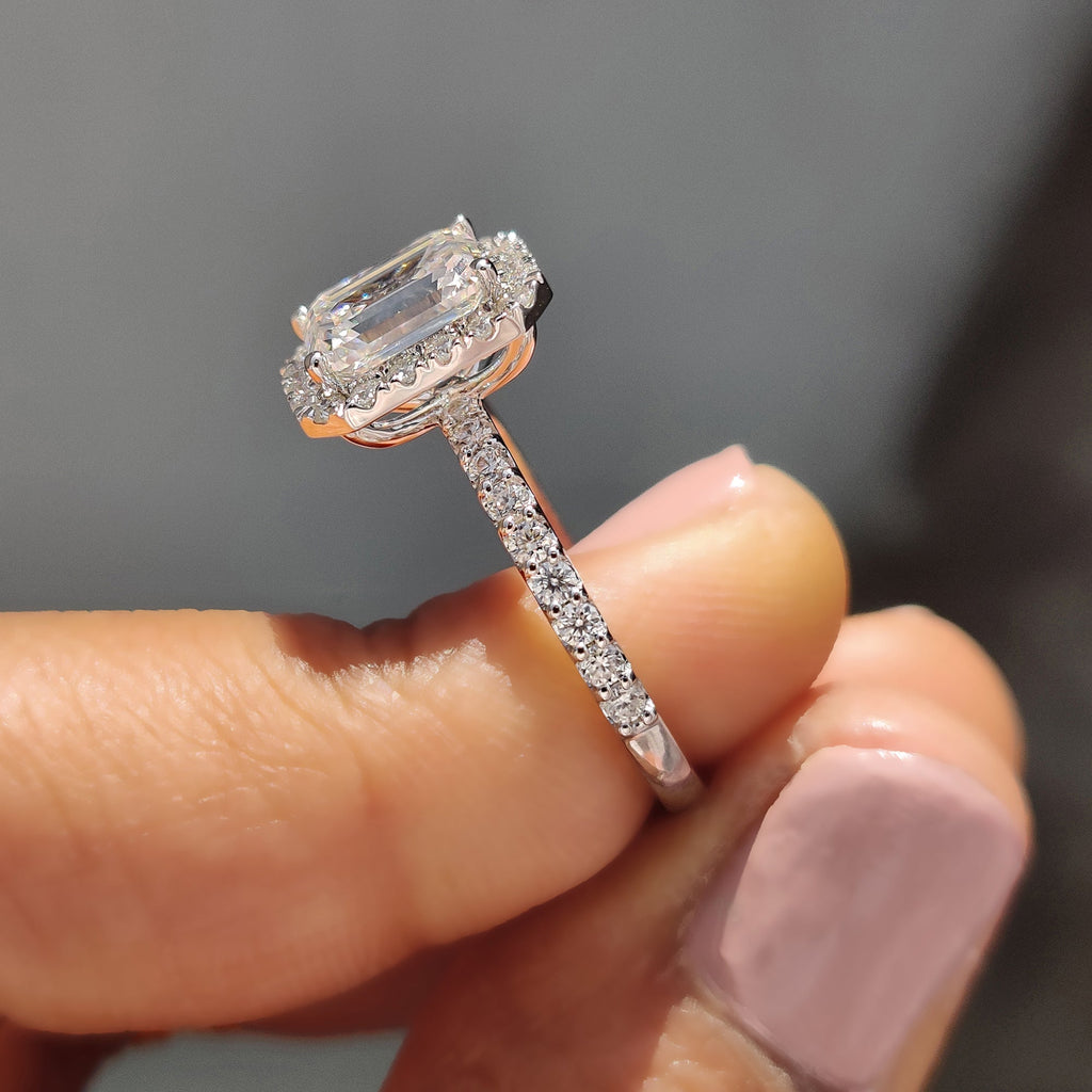 Emerald cut halo ring In Round Cut Pave Band