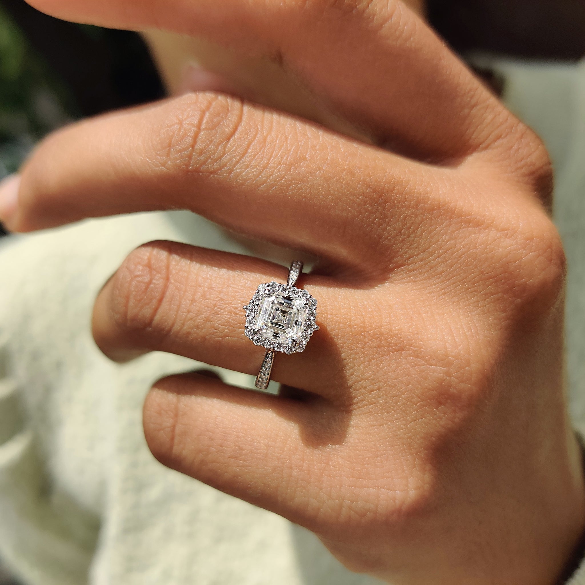 Asscher Cut Moissanite Ring In Tapered Pave Band