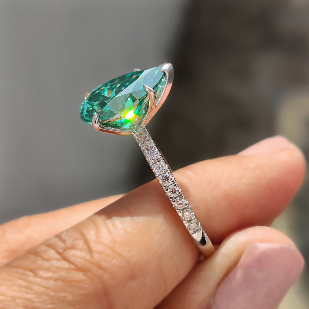 Green Moissanite Pear Ring With Pave Band