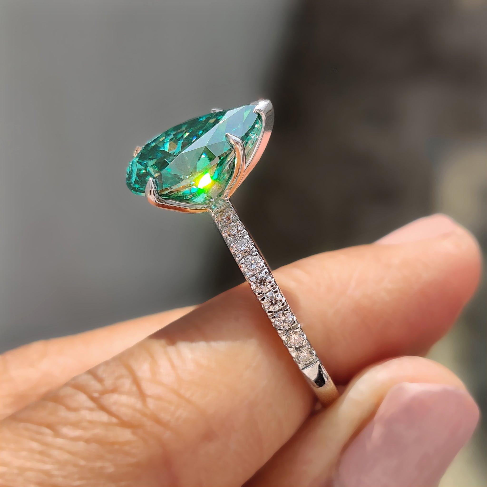 Green Moissanite Pear Ring With Pave Band