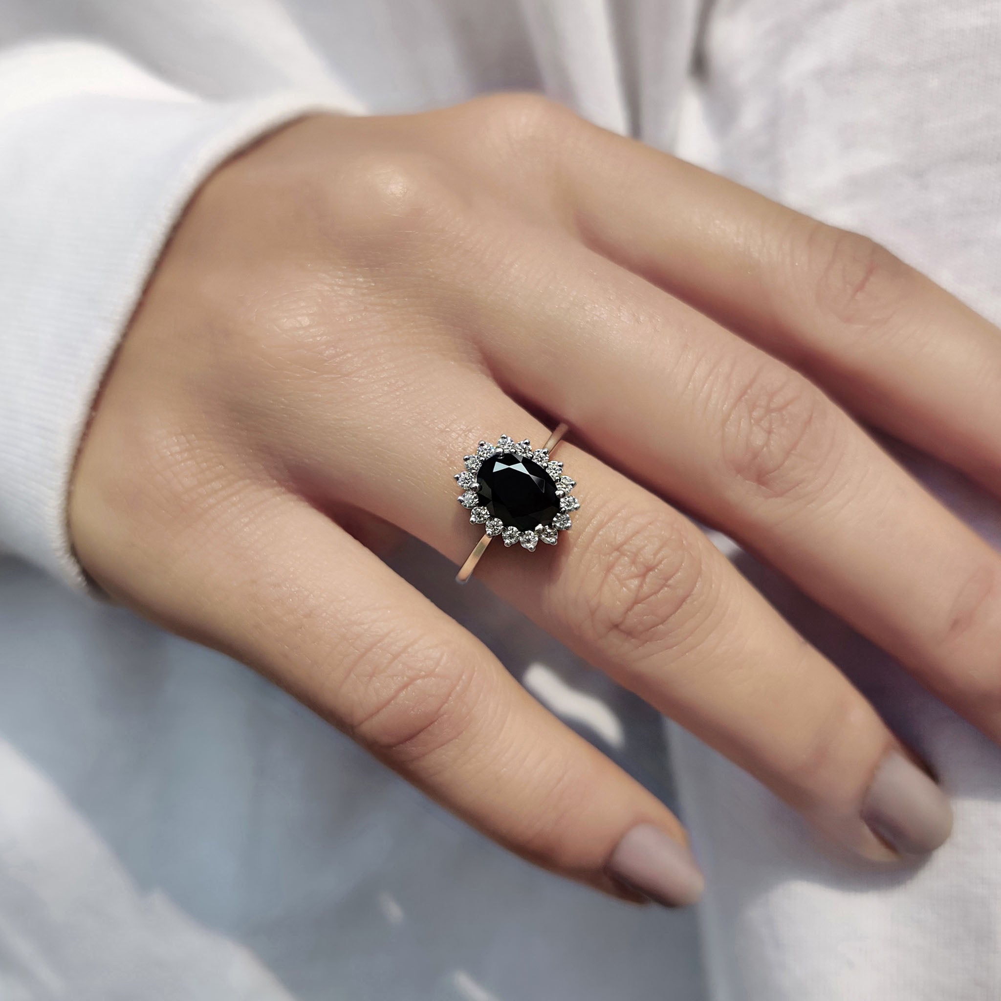 Tapered Shank Black Oval Engagement Ring