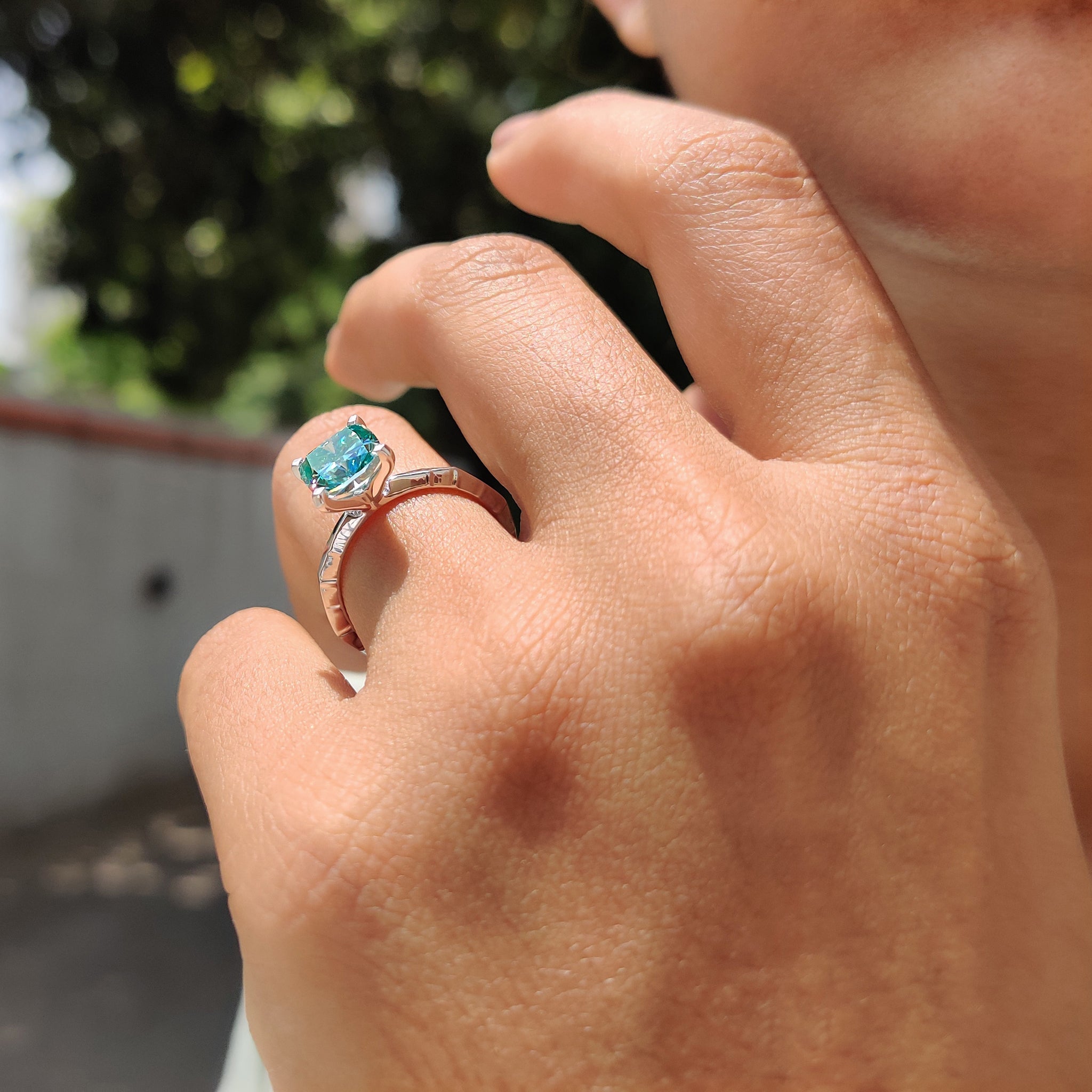 Cyan Blue Cushion Cut Gold Solitaire Engagement Ring