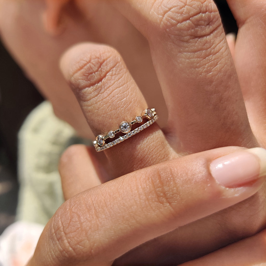 Double Row Wedding Band With Round Cut Bezel Set