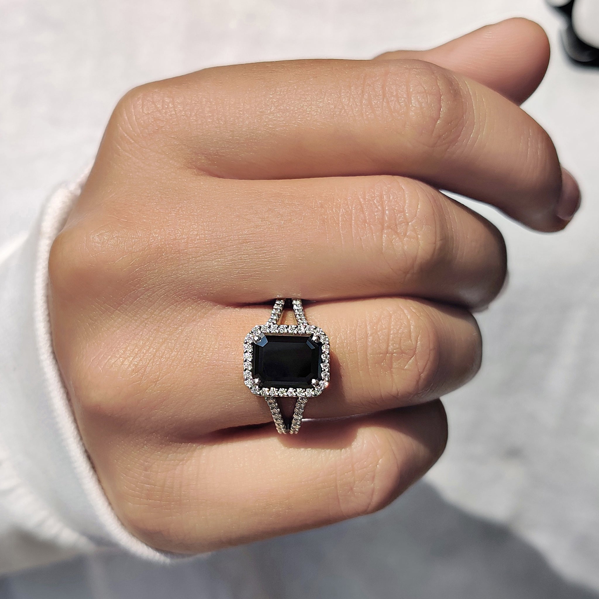 Halo Setting Black Gold Emerald Ring