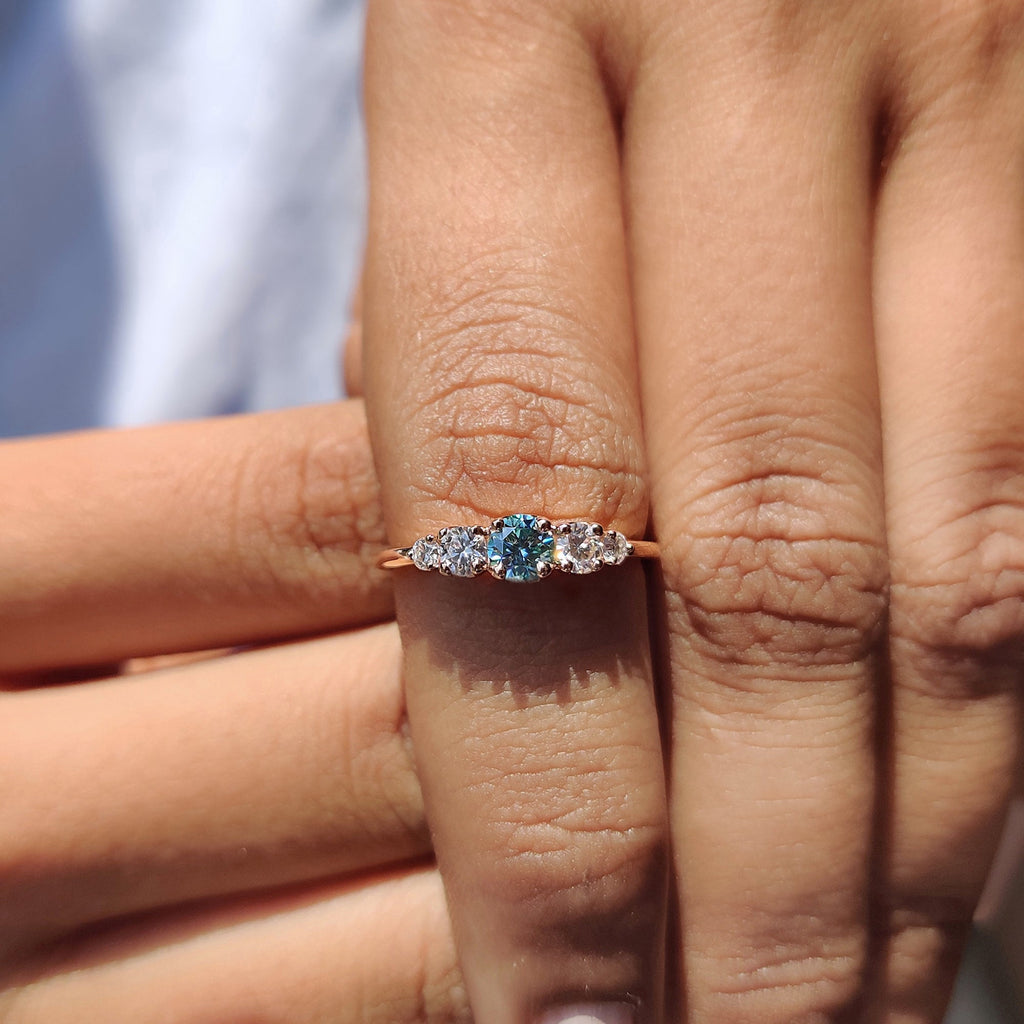 Cyan Blue Round Cut 5 Stone Engagement Ring