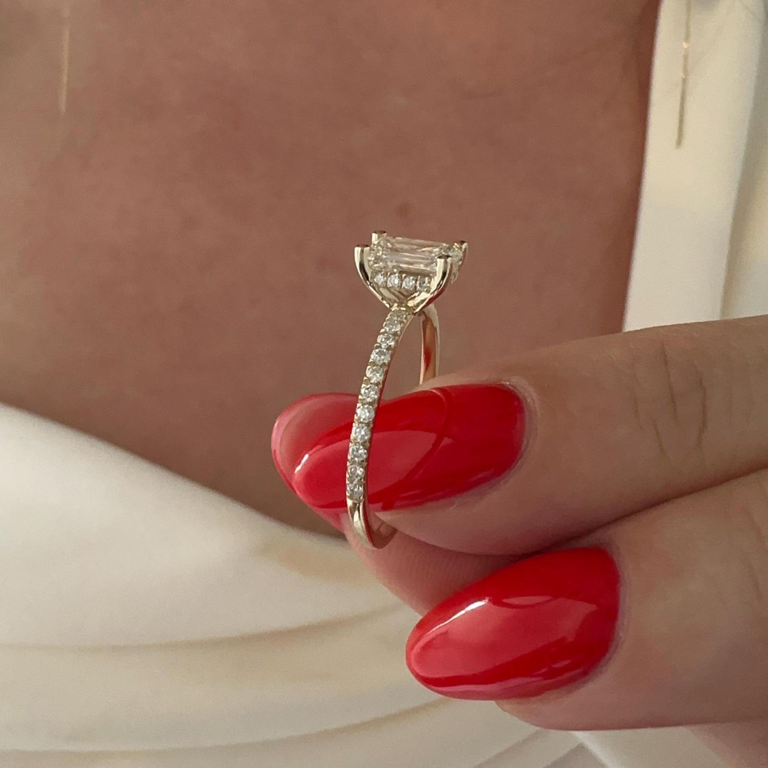 2.50 CT Emerald Cut Moissanite Pave & Hidden Halo Style Engagement Ring
