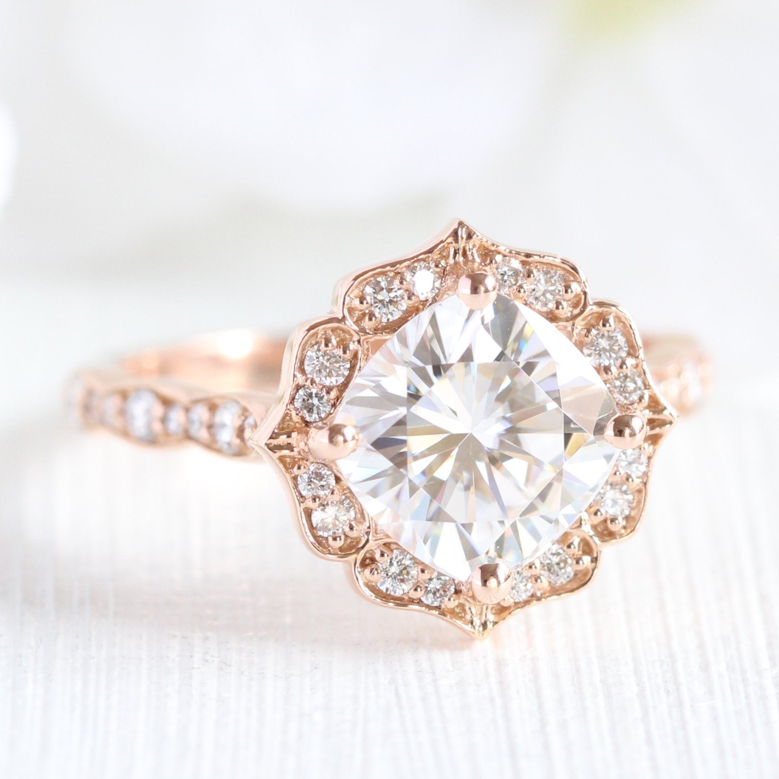2.30 CT Cushion Moissanite Vintage Halo Bridal Ring Set