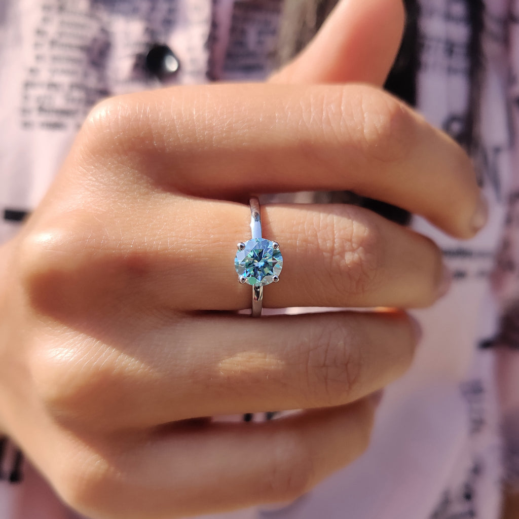 Moissanite Solitaire Ring In Cyan Blue Stone