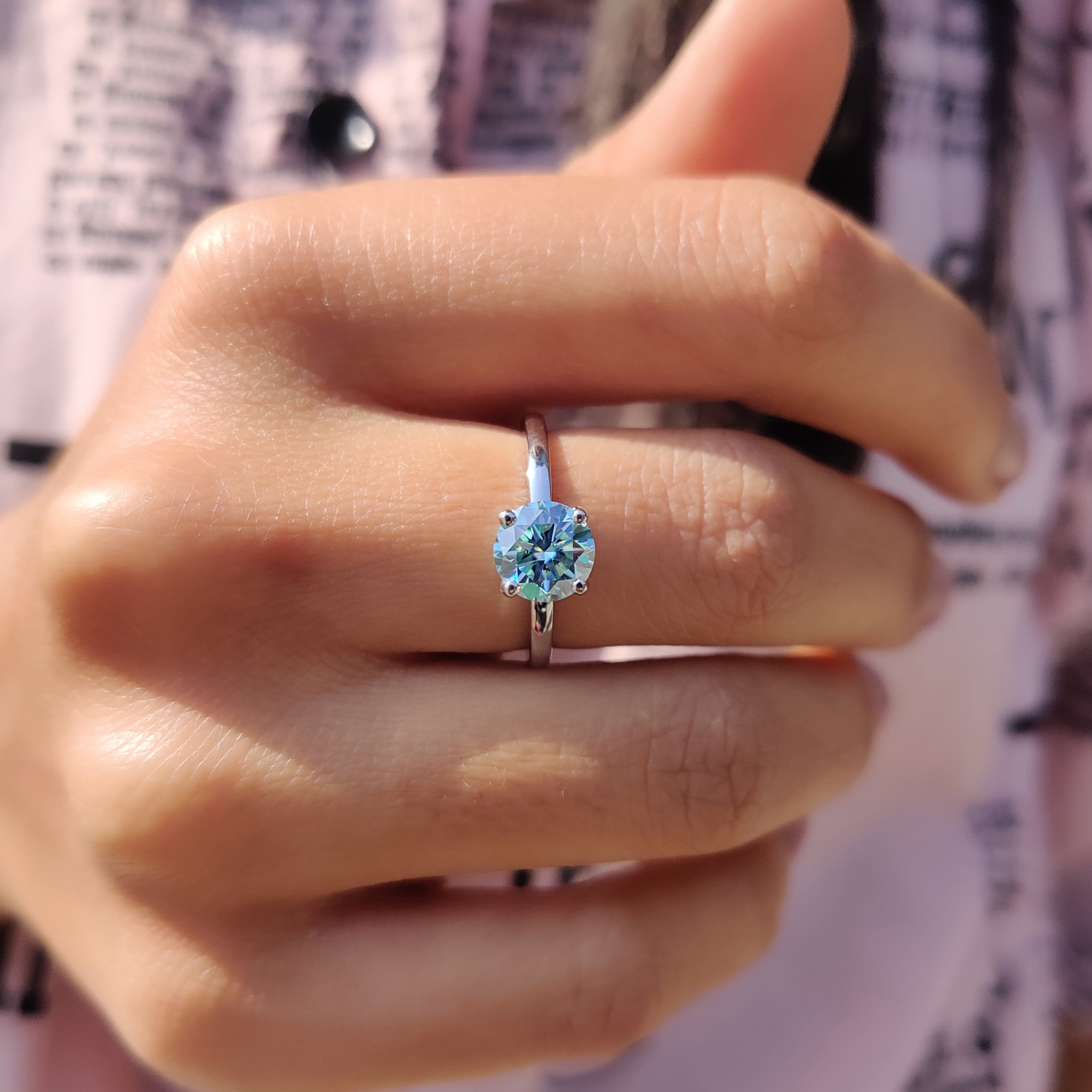 Moissanite Solitaire Ring In Cyan Blue Stone