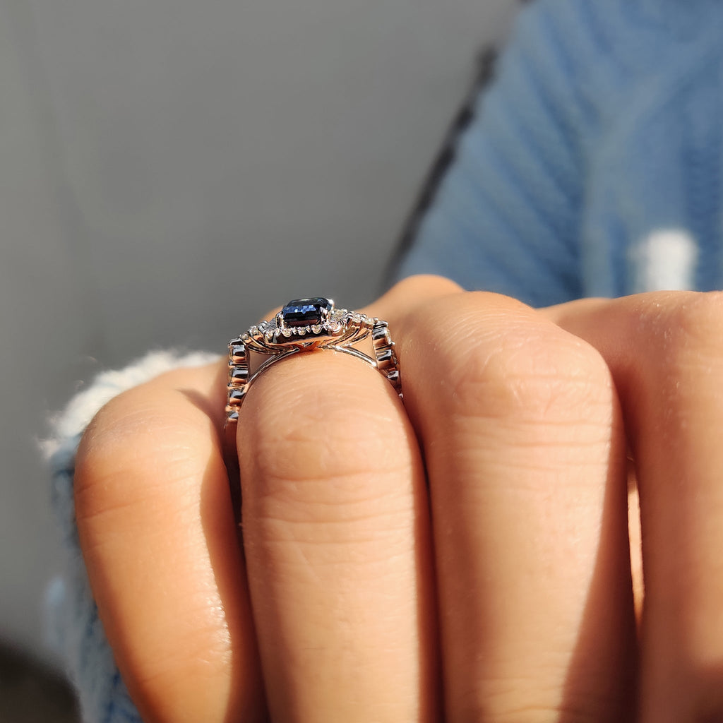 Blue Emerald Cut Engagement Ring In Muse Style