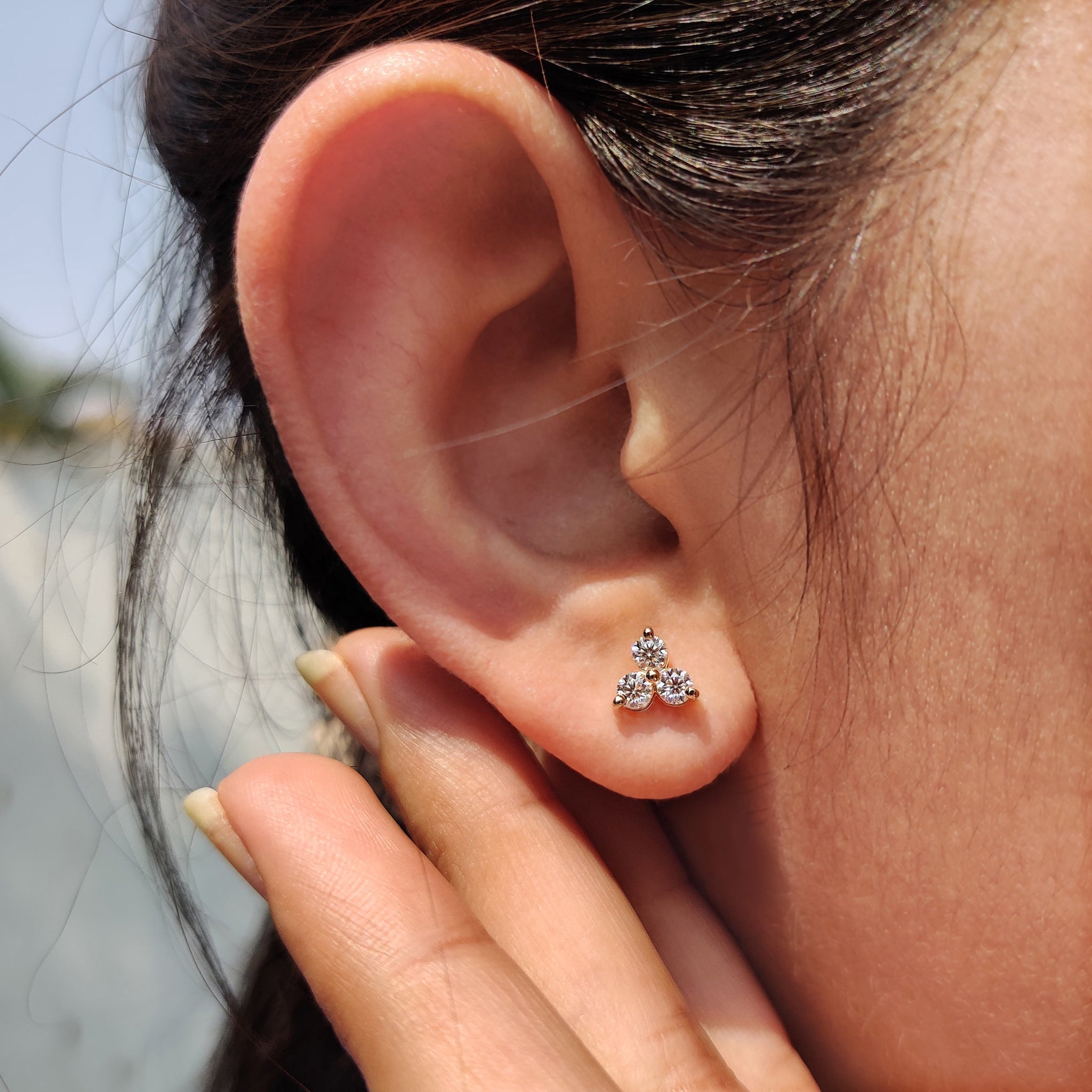 3 Stone Stud Earring In Round  Cut Moissanite Secondary image