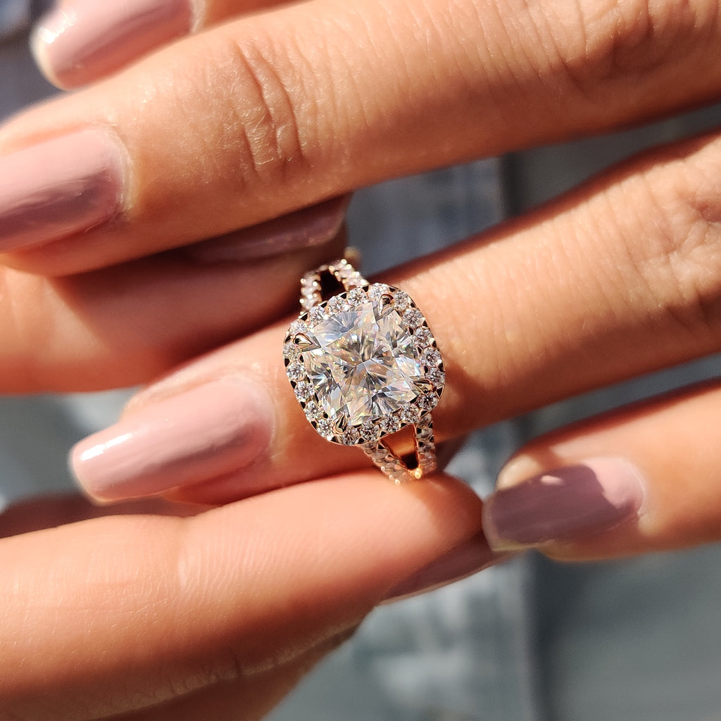 Cushion Cut Moissanite ring With Split Pave Setting