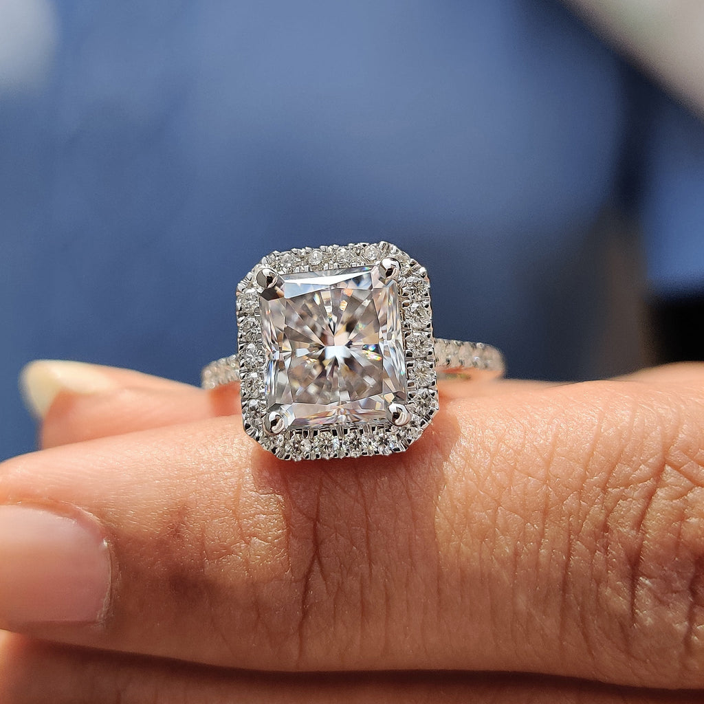 Radiant Halo Engagement Ring With Pave Band