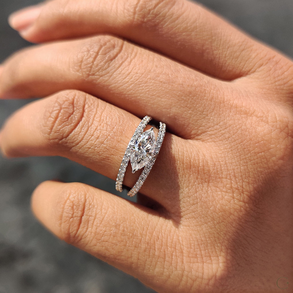 East West Marquise Engagement Ring In Split Shank Style