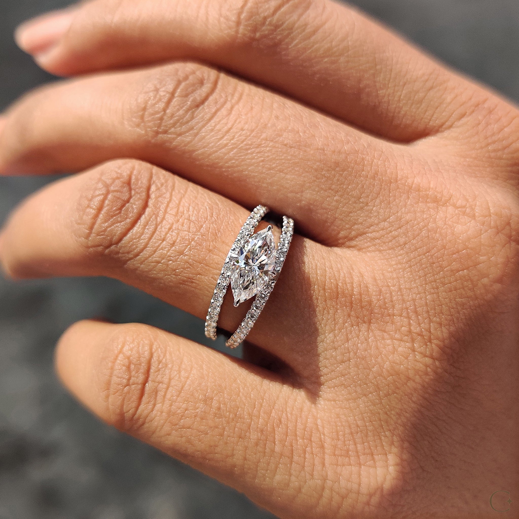 East West Marquise Engagement Ring In Split Shank Style