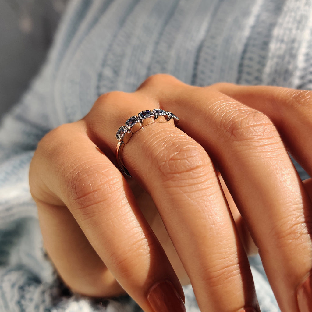 Royal Dark Blue Stone French Cut Half Eternity Wedding Band