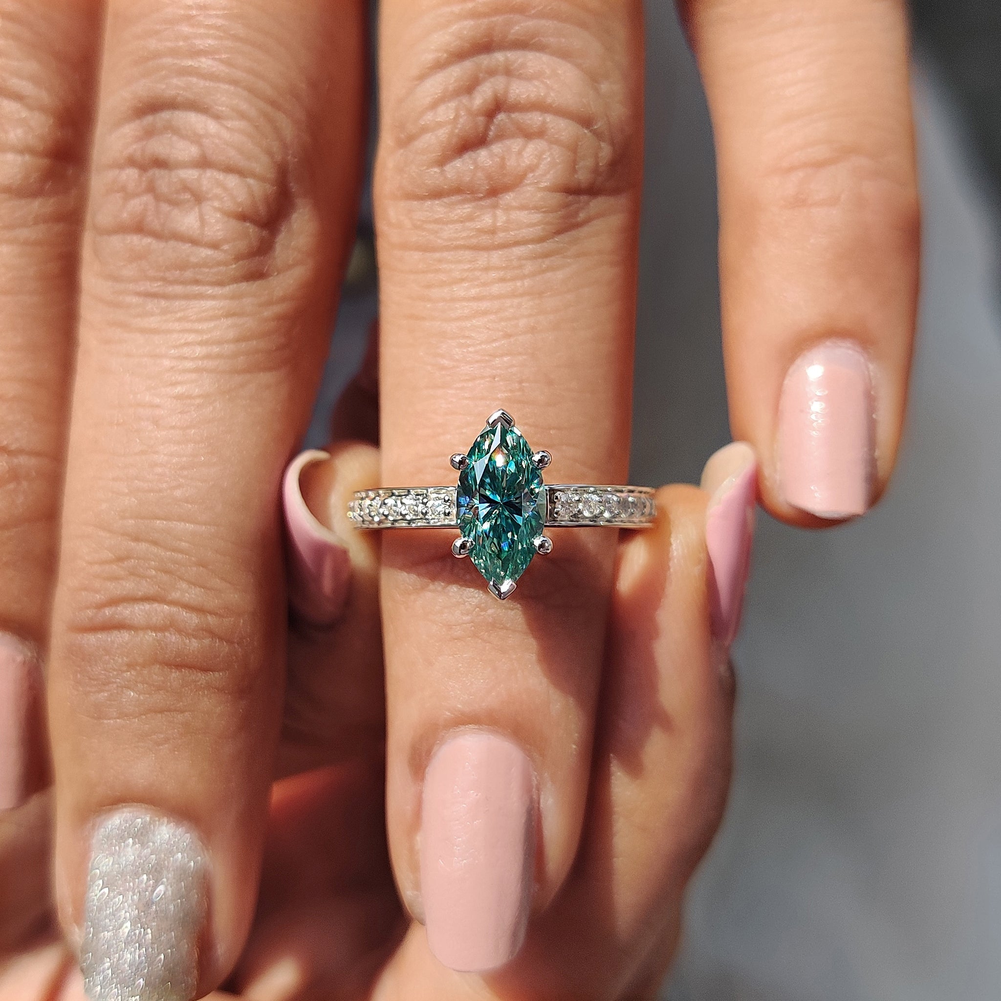 Cyan Blue Marquise Moissanite Ring With Pave Band