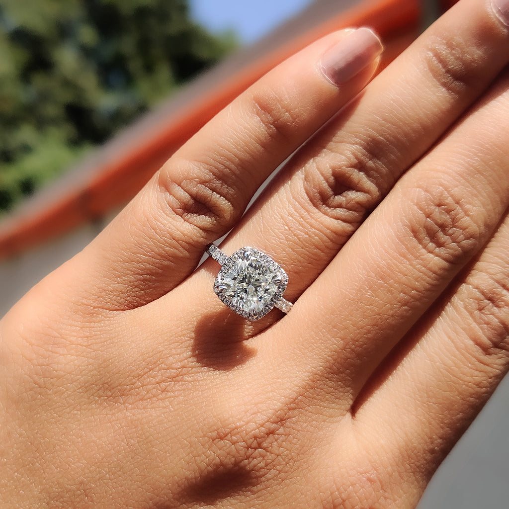 Cushion Cut Halo Engagement Ring in a Pave Band Style