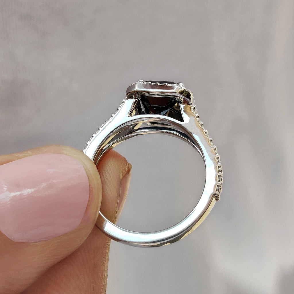 Halo Setting Black Gold Emerald Ring
