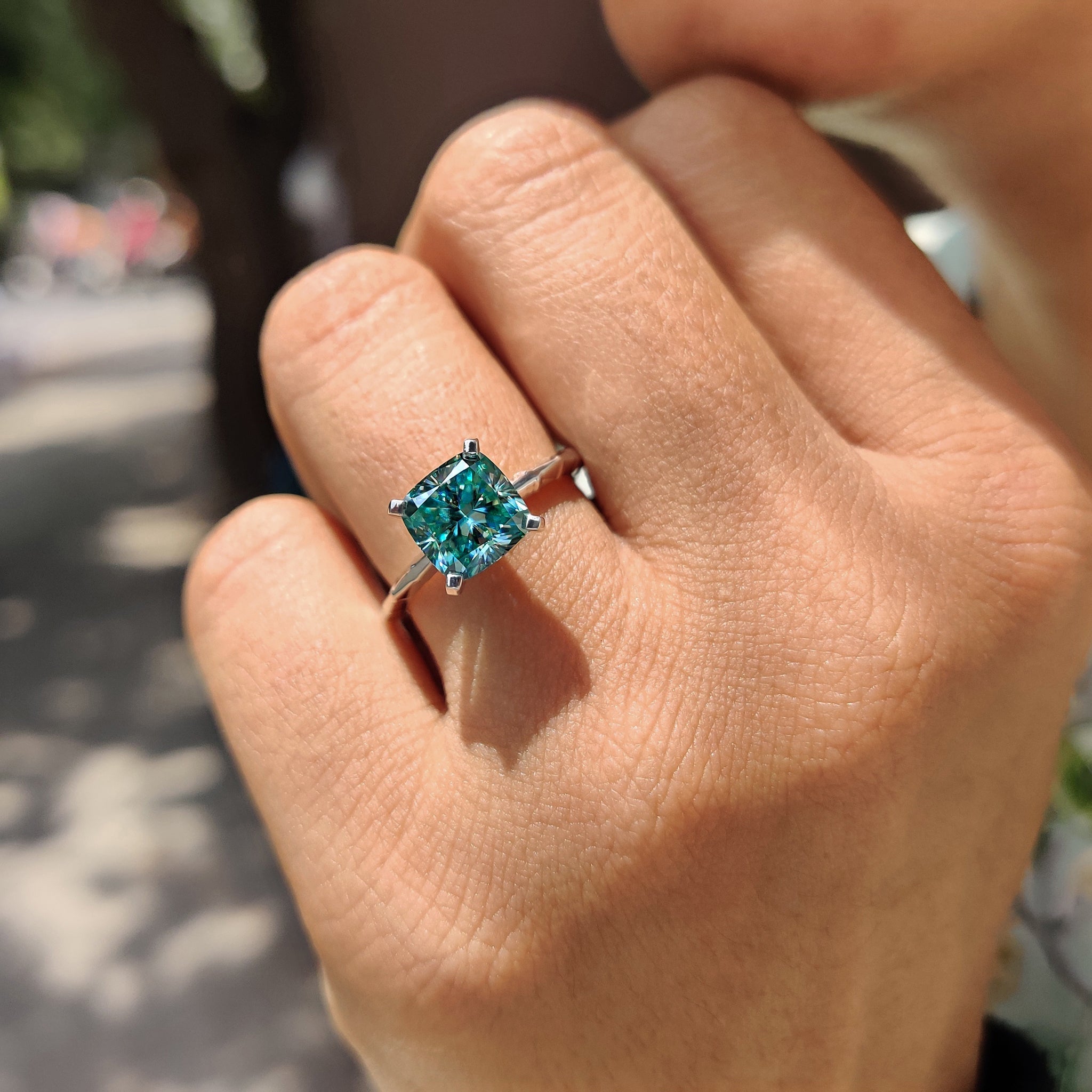 Cyan Blue Cushion Cut Gold Solitaire Engagement Ring