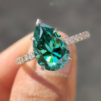 Green Moissanite Pear Ring With Pave Band
