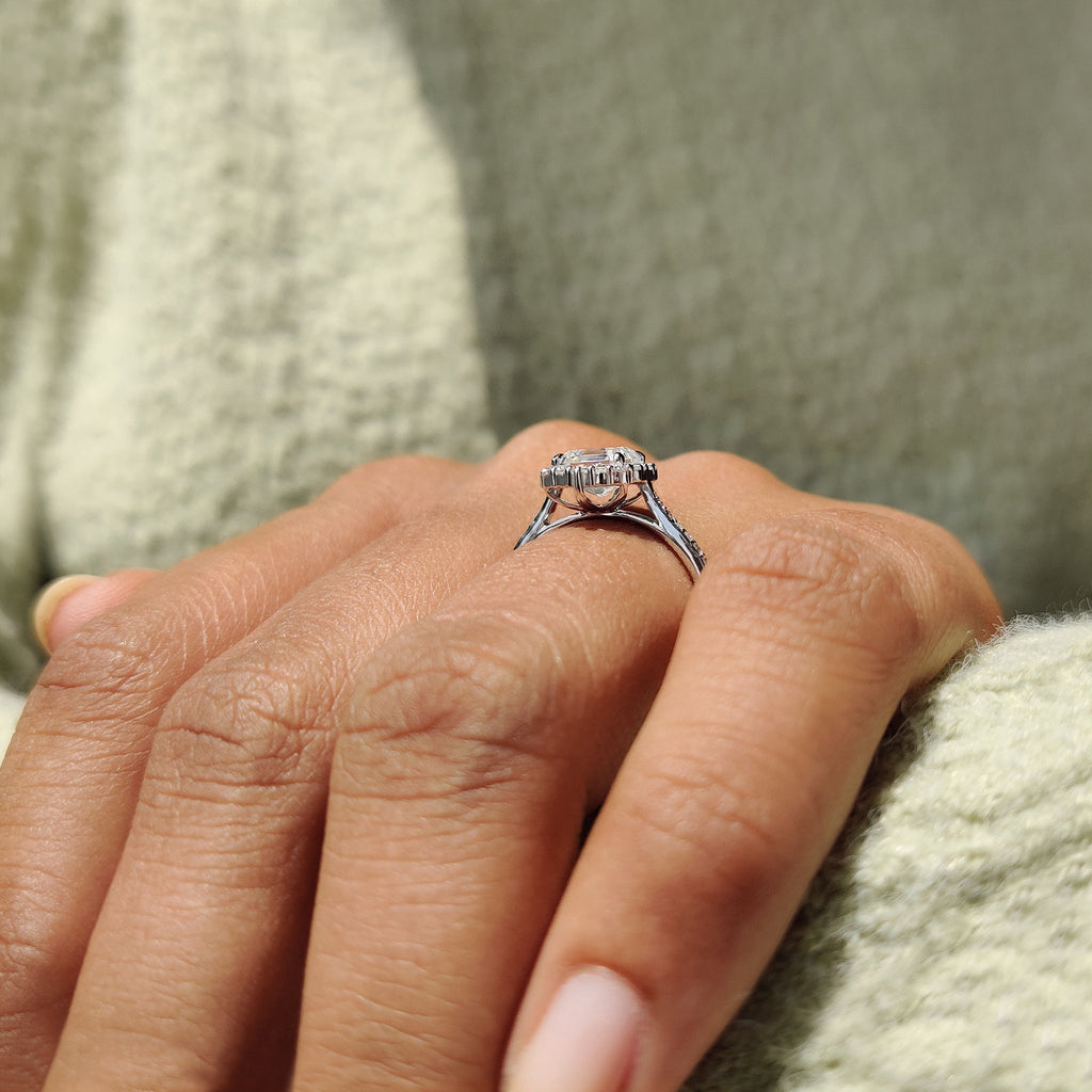 Asscher Cut Moissanite Ring In Tapered Pave Band