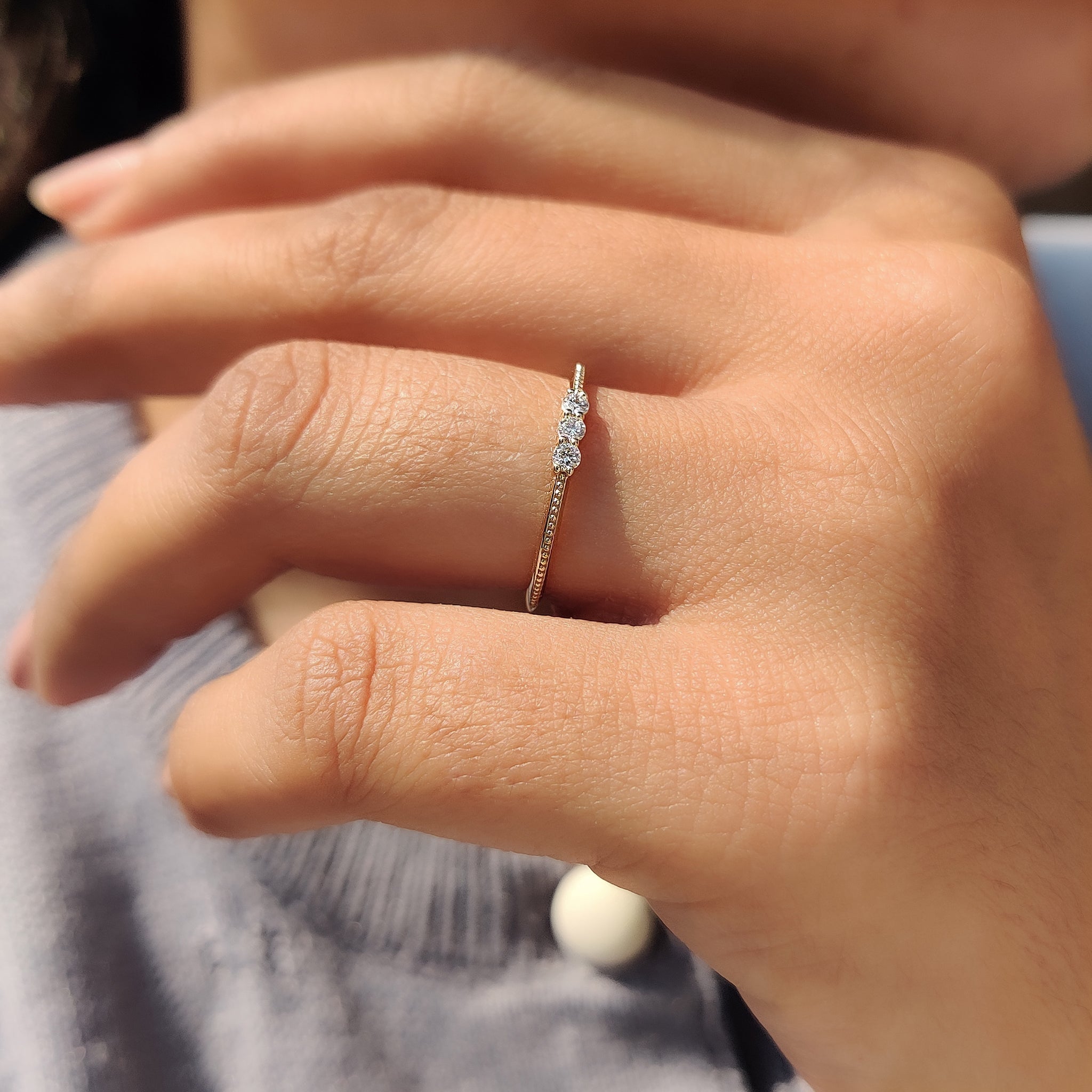 3 Stone Round Cut Diamond Milgrain Wedding Band