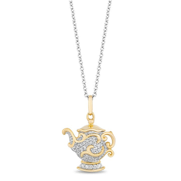 Disney Fine Jewelry 10K Yellow Gold and Sterling Silver Chain  Belle 30th Mrs. Potts Pendant Necklace