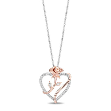 Disney Fine Jewelry 14K Rose Gold Over Sterling Silver Belle Rose with Heart Pendant Necklace