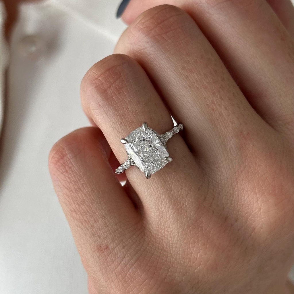 3.0 CT Elongated Cushion Cut Moissanite Pave & Hidden Halo Style Engagement Ring