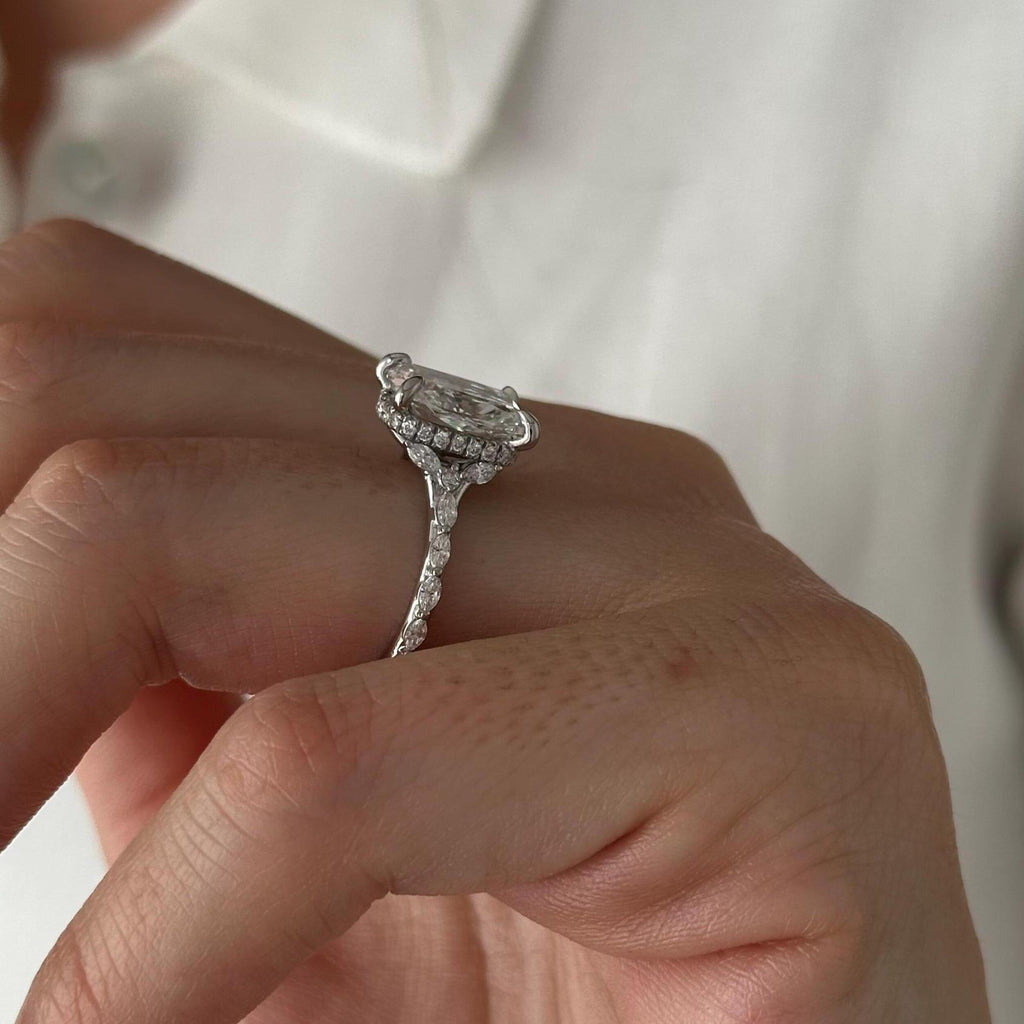 3.0 CT Elongated Cushion Cut Moissanite Pave & Hidden Halo Style Engagement Ring