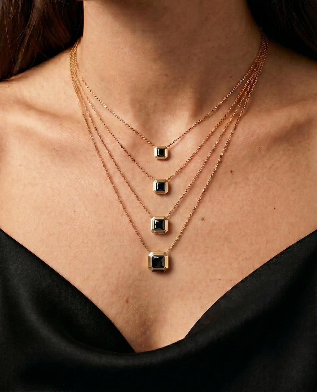 LODE Solitaire Bezel Set Floating Princess Cut Black Diamond Pendant Necklace