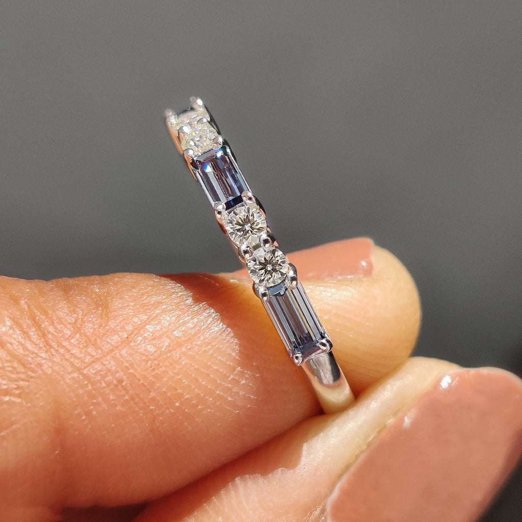 Blue Moissanite Baguette Cut Half Eternity Band