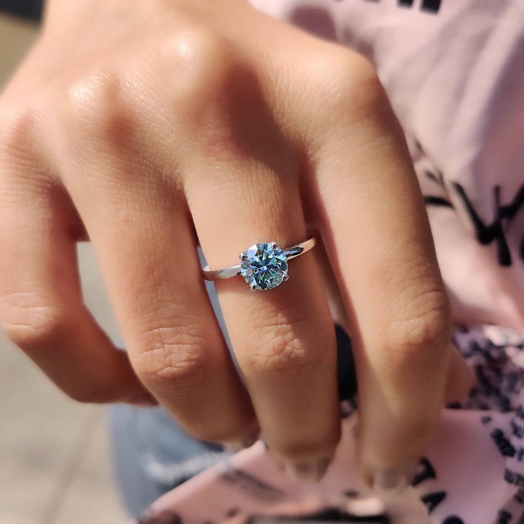 Moissanite Solitaire Ring In Cyan Blue Stone