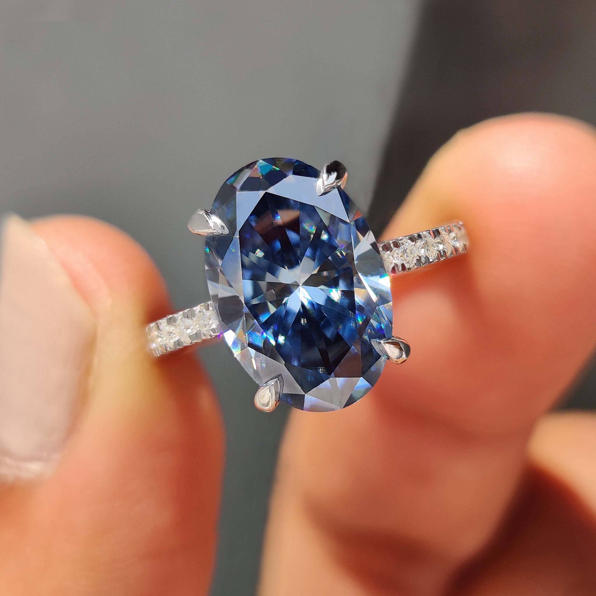 Royal Dark Blue Oval Hidden Halo Engagement Ring