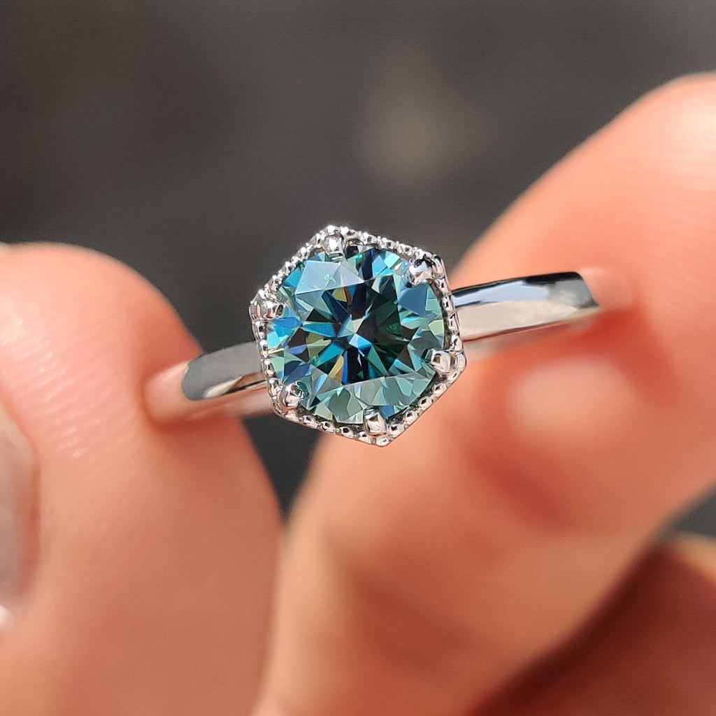 Solitaire Round Engagement Ring In Hexagon Framed
