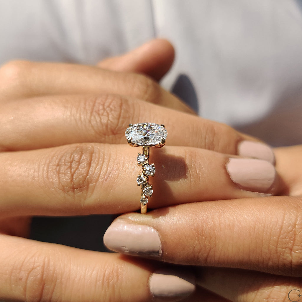 Oval Shape Engagement Ring with Zig Zag Band in Gold