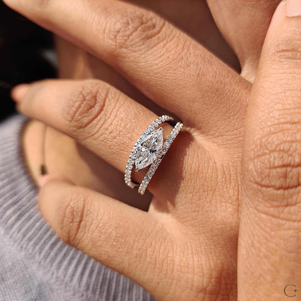 East West Marquise Engagement Ring In Split Shank Style