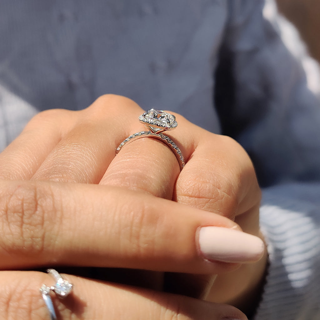 Cushion Cut Halo Engagement Ring in a Pave Band Style