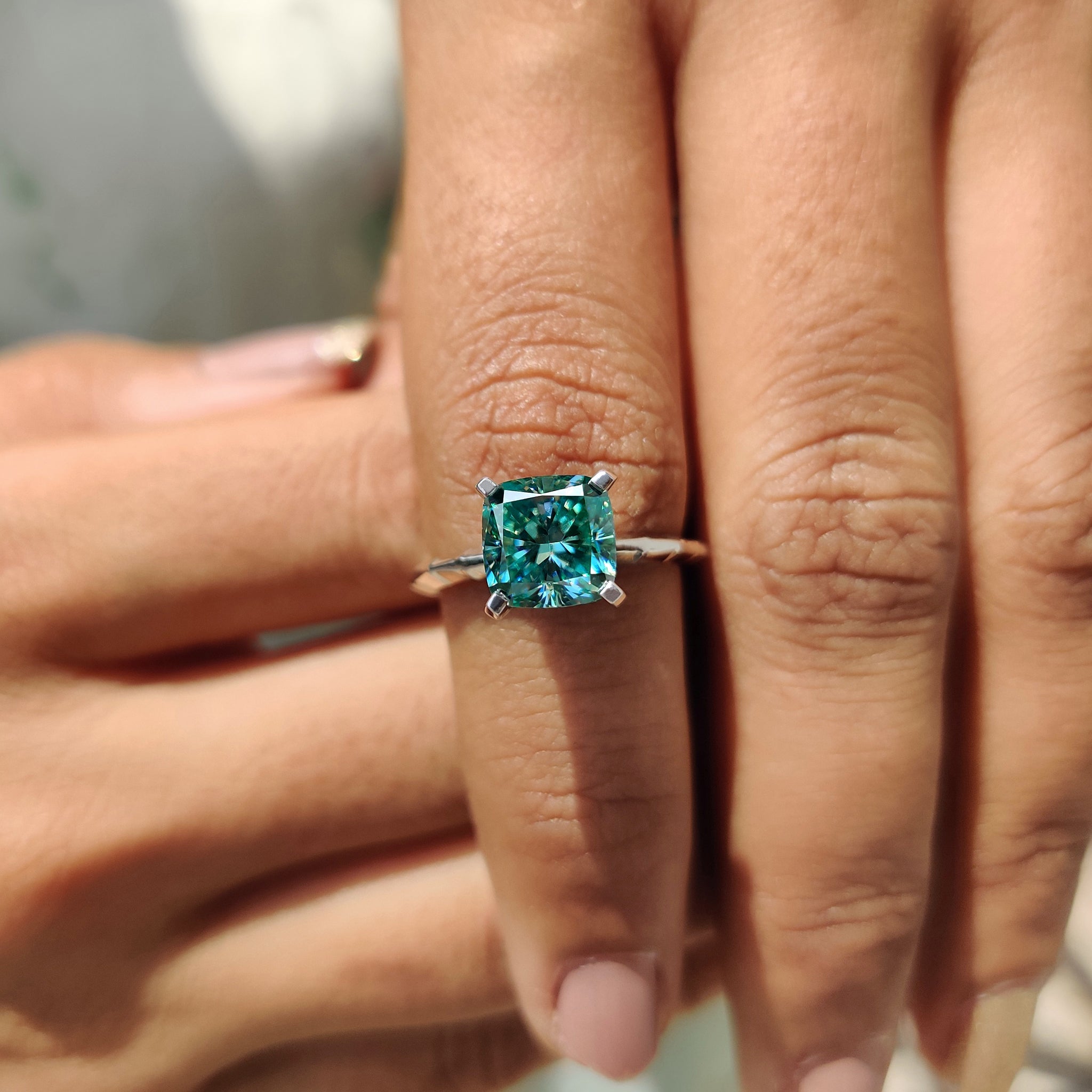 Cyan Blue Cushion Cut Gold Solitaire Engagement Ring