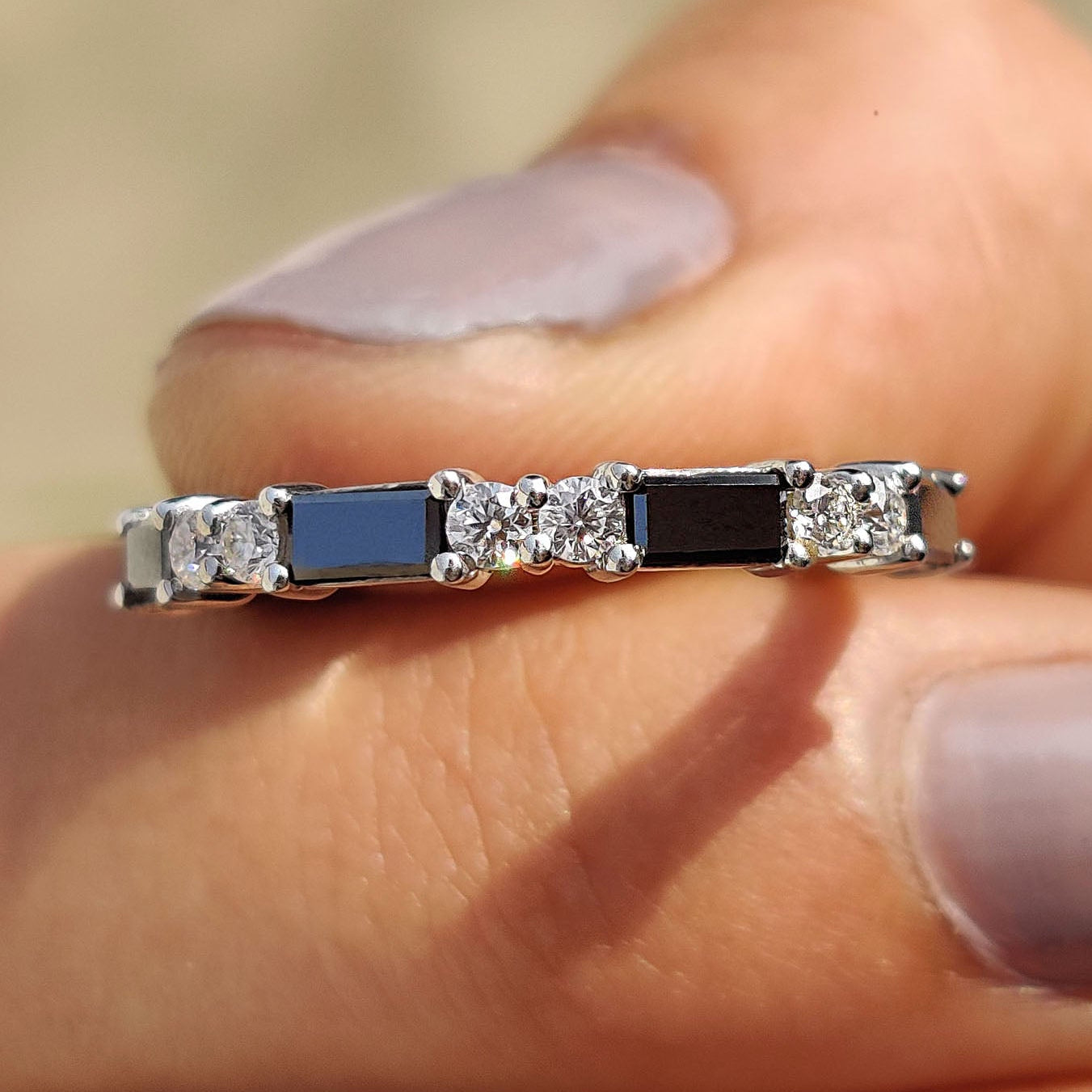 Black Baguette And Round Wedding Band In Eternity Style