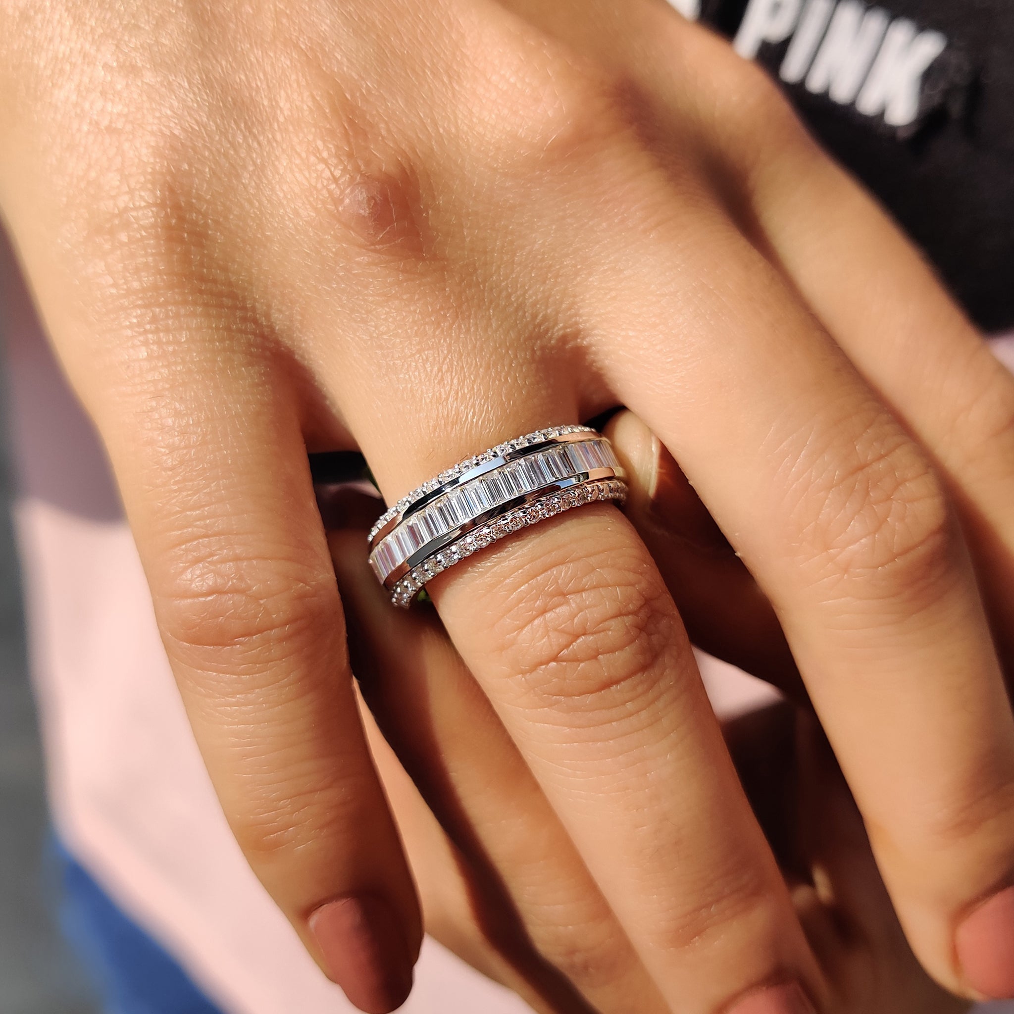 Baguette And Round Cut Wedding Band With Three Row Pave
