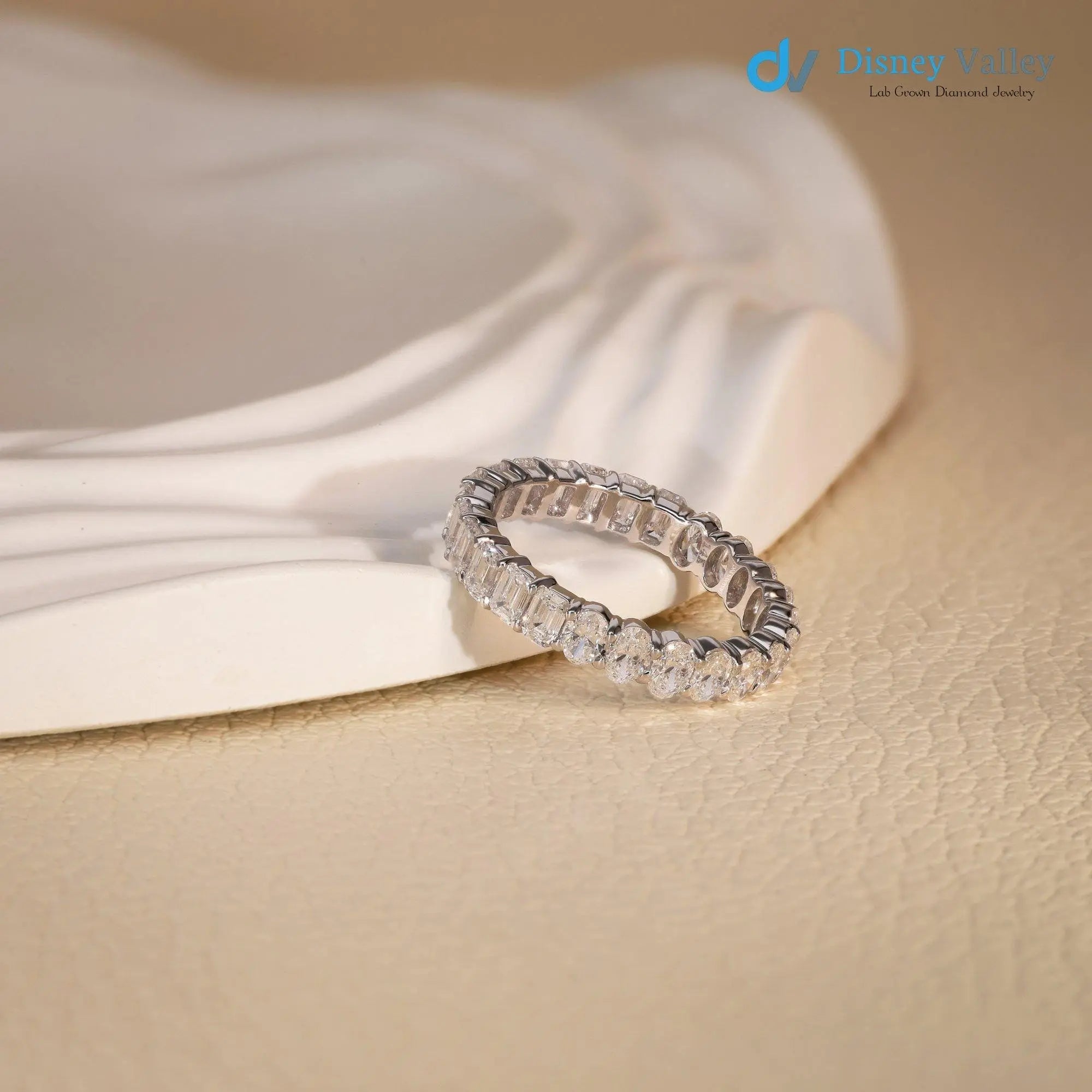14K Gold Oval Emerald cut lab grown Diamond Eternity Engagement Band - DisneyValley Main image