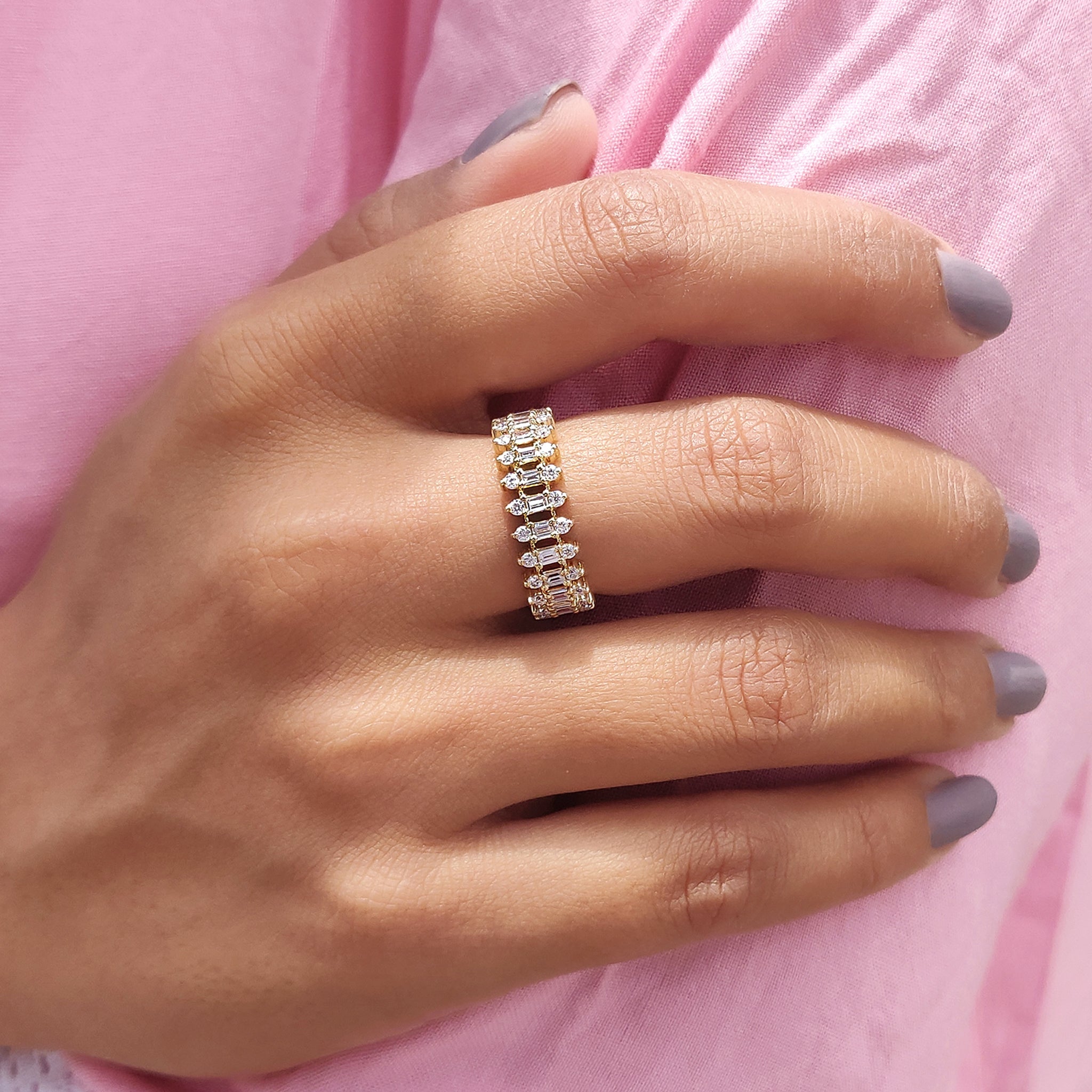 Unique Wedding Band - Three Row Eternity