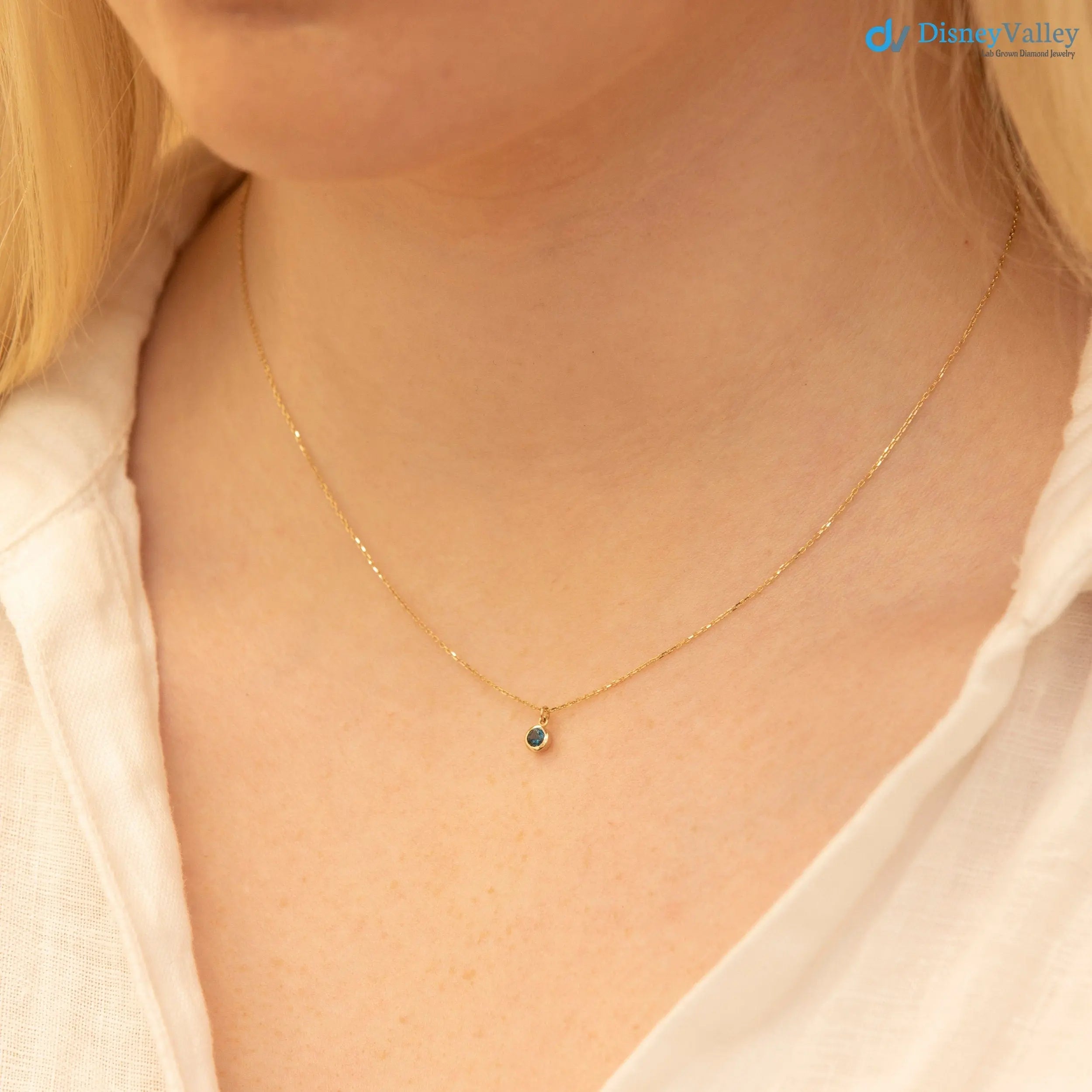 14k Gold Blue Topaz Birthstone Necklace, London Blue Topaz, Bezel Setting DisneyValley