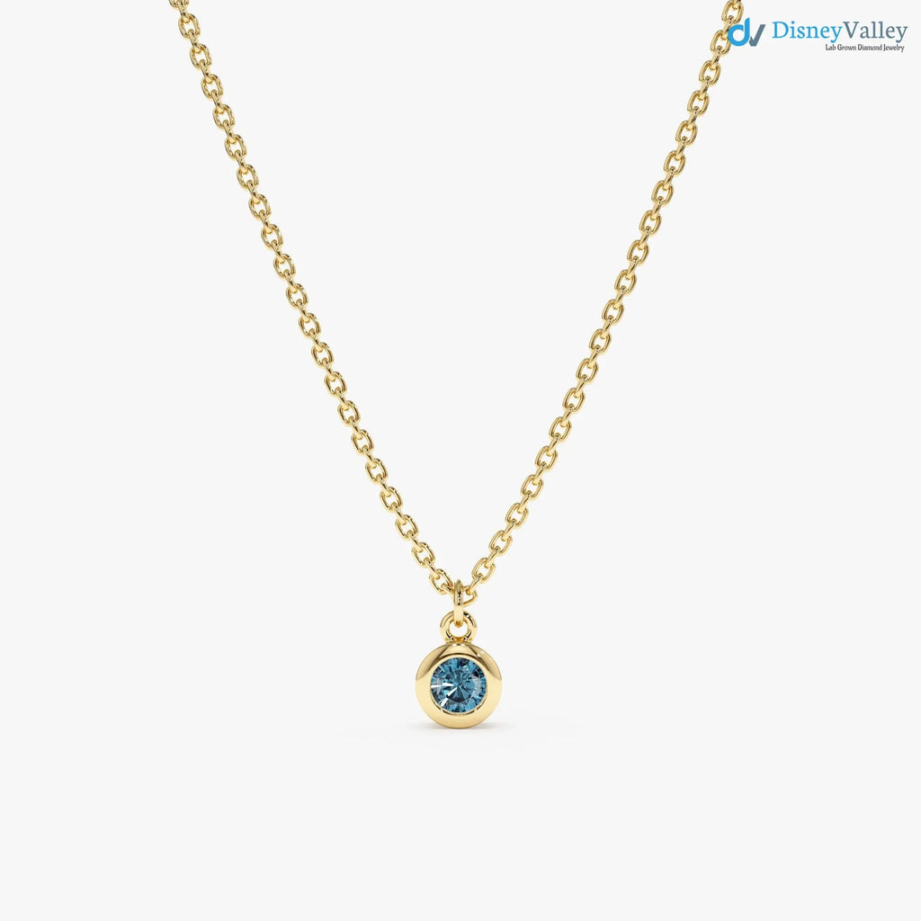 14k Gold Blue Topaz Birthstone Necklace, London Blue Topaz, Bezel Setting DisneyValley