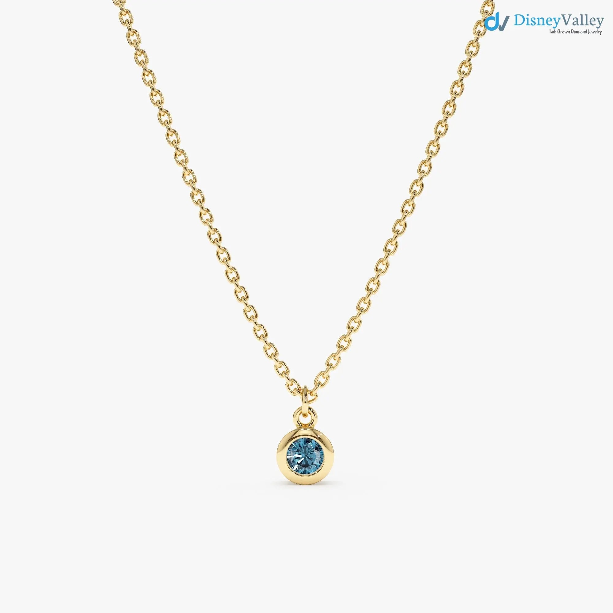 14k Gold Blue Topaz Birthstone Necklace, London Blue Topaz, Bezel Setting DisneyValley