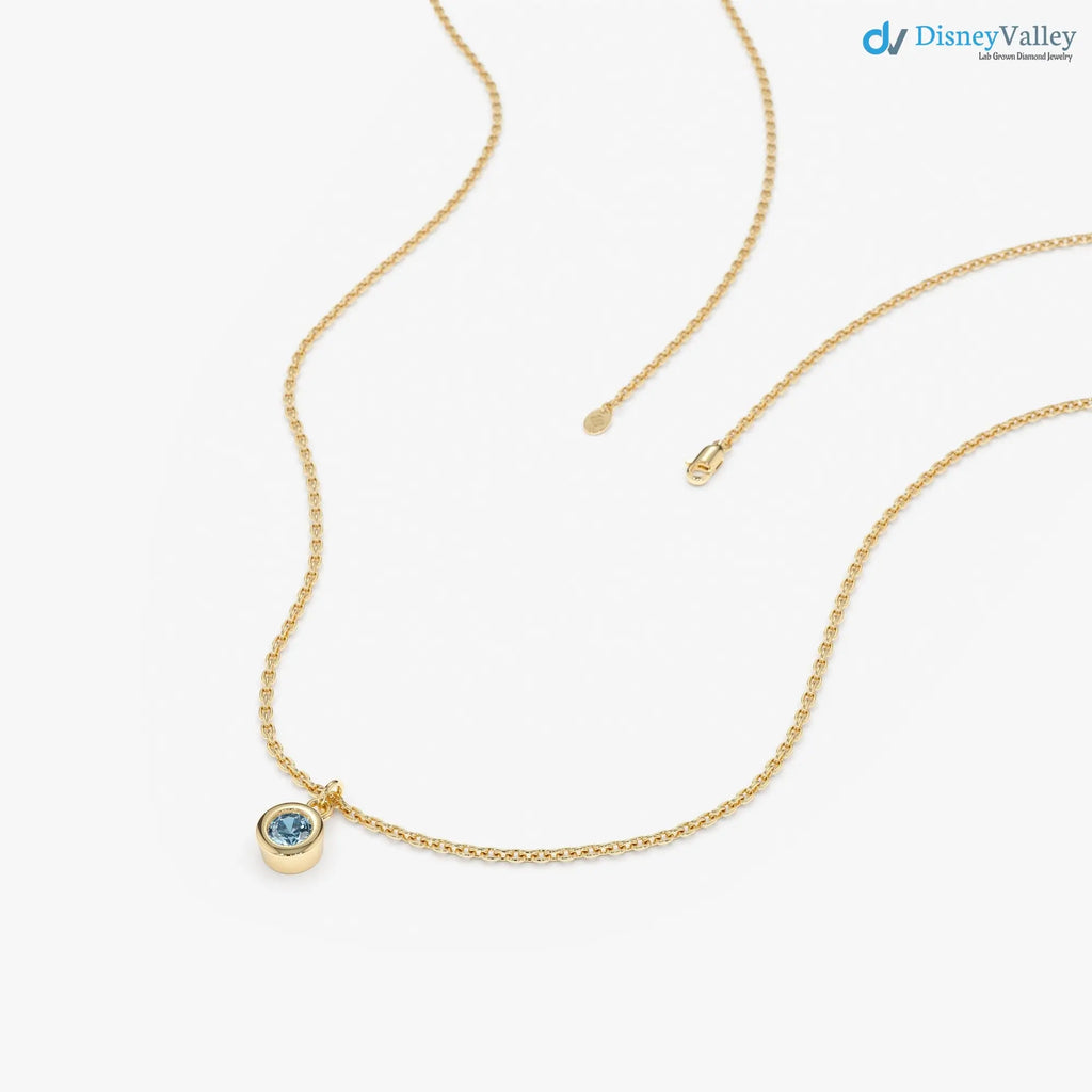 14k Gold Blue Topaz Birthstone Necklace, London Blue Topaz, Bezel Setting DisneyValley