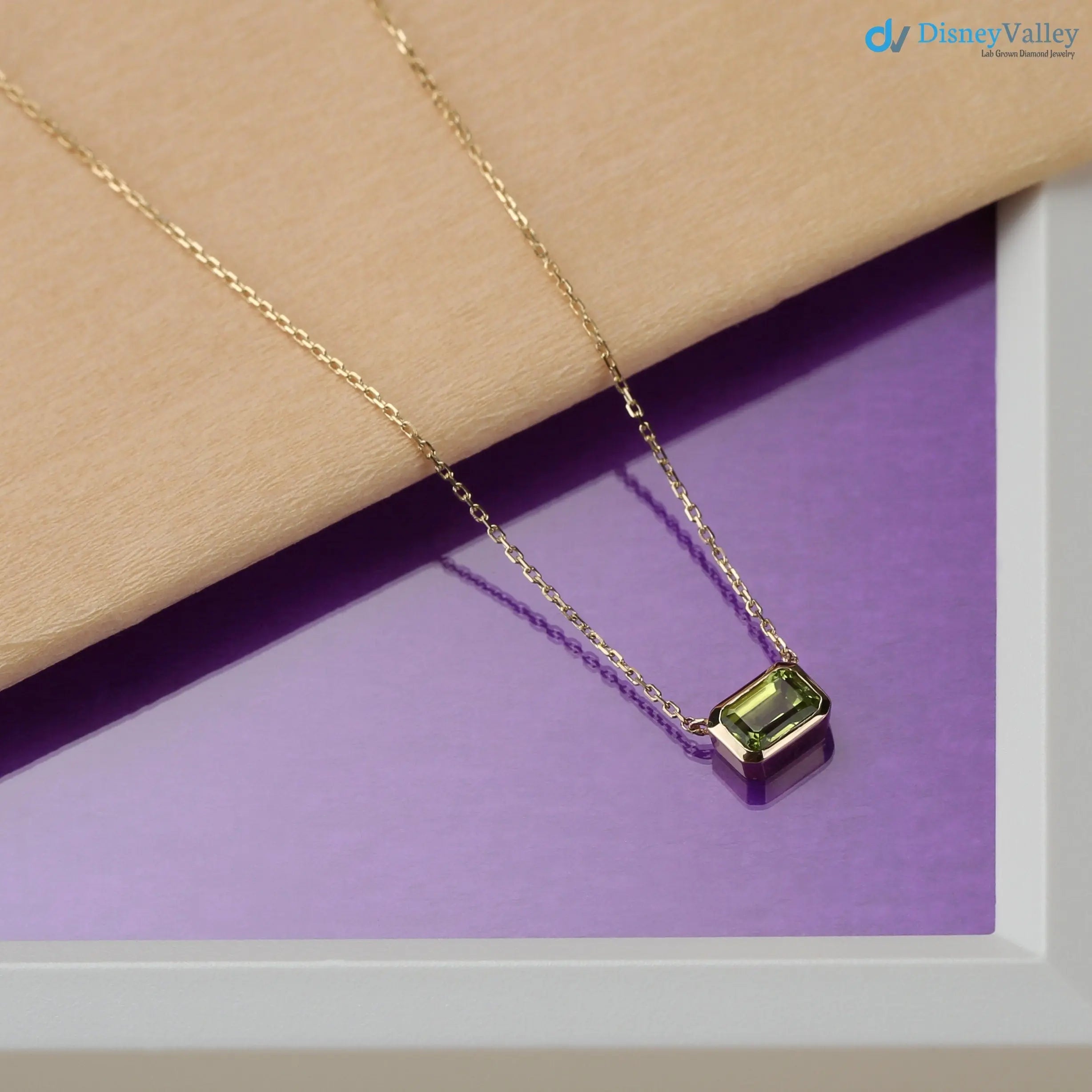 14k Gold Peridot Necklace, Octagon Peridot Stone, Birthstone Necklace DisneyValley